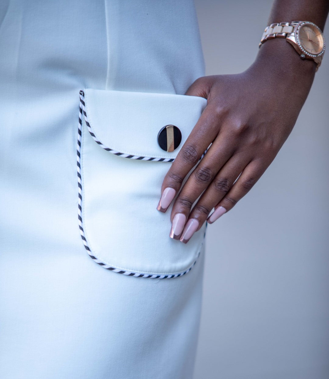 Cream Pocketed Dress with Monochrome Trim