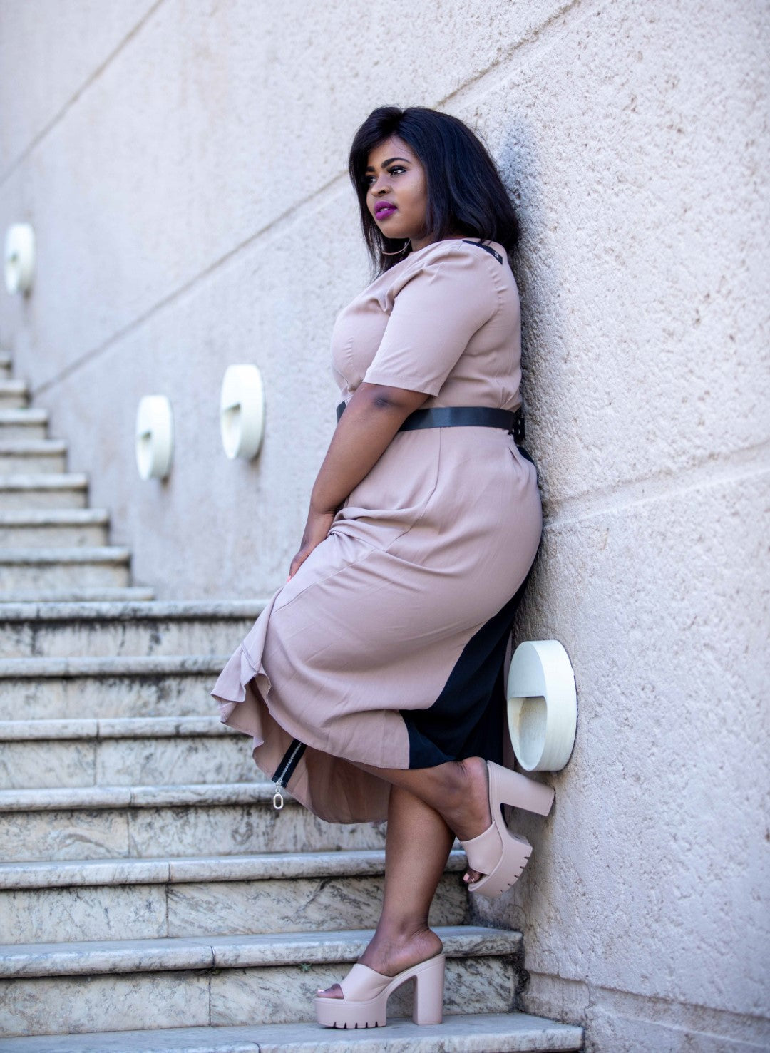 Nude Dress with Leather Belt